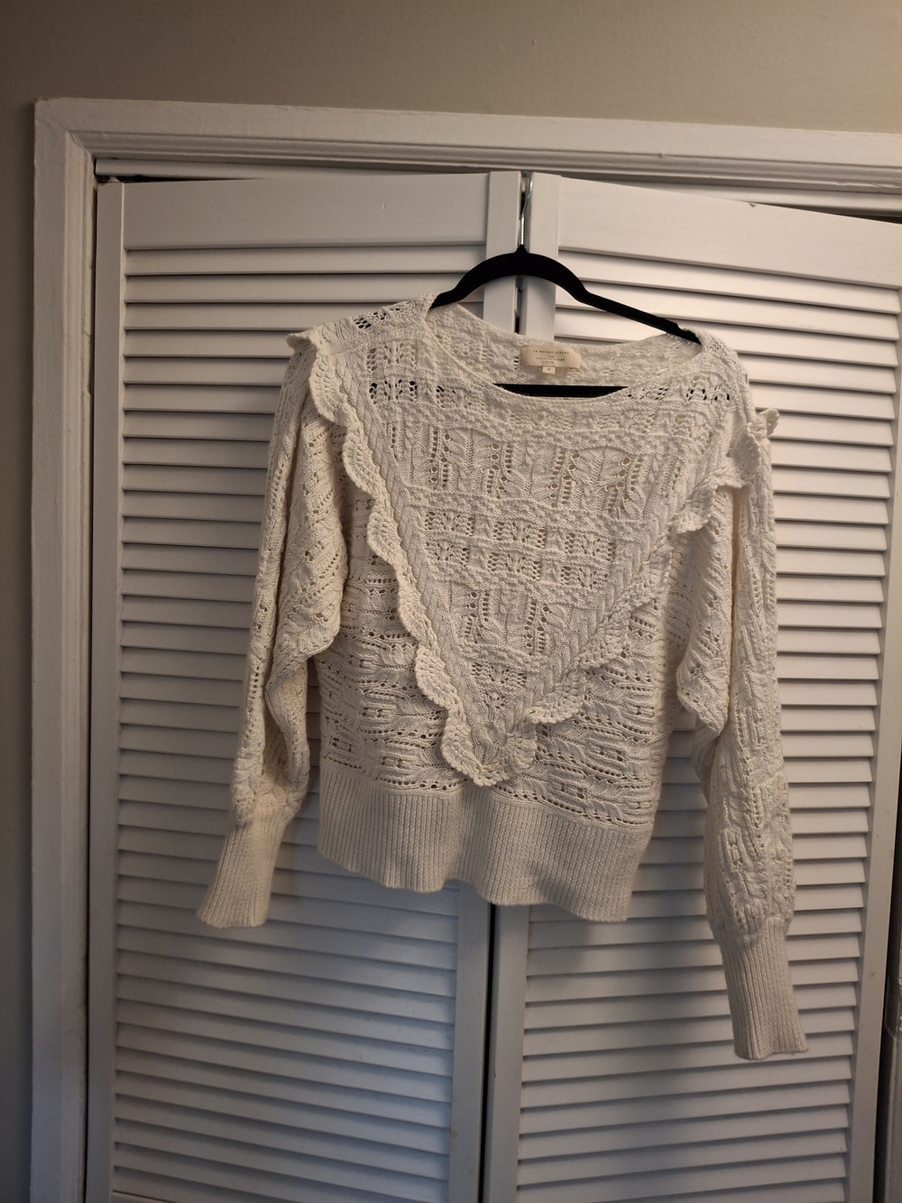 Sezane Cream Crochet Sweater with Scalloped V-Panel